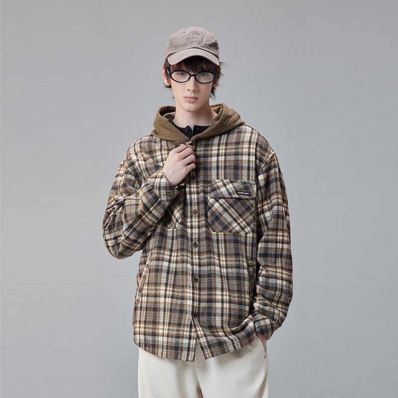 男士複古格子長袖襯衫   羊毛工裝連帽外套 - 男襯衫/休閒襯衫 - 其他材質 咖啡色