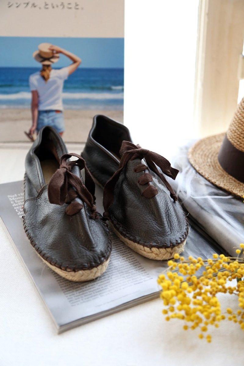 French soft leather strap straw shoes - Cocoa Brown - รองเท้าลำลองผู้หญิง - หนังแท้ 