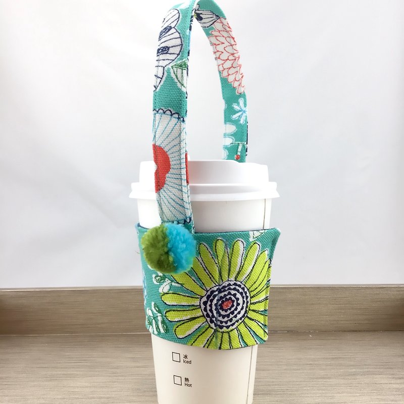 Flamingo Water Green - Green Coffee Hand Cup Set - Colored Hairball / Fixed Straw - ถุงใส่กระติกนำ้ - ผ้าฝ้าย/ผ้าลินิน 