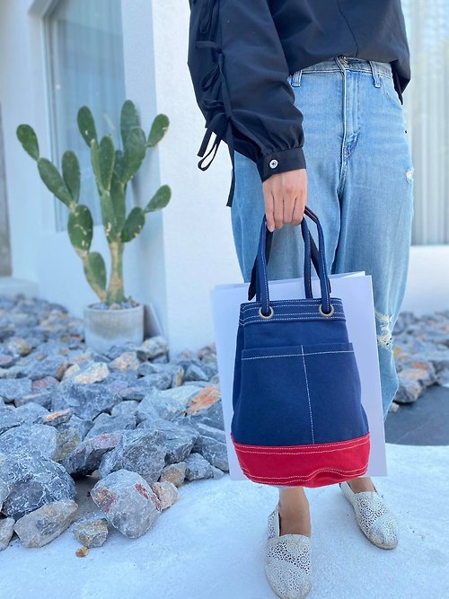 underlinebagsandmore Mini Navy/Red Canvas Bucket Bag with strap /Leather Handles /Daily use