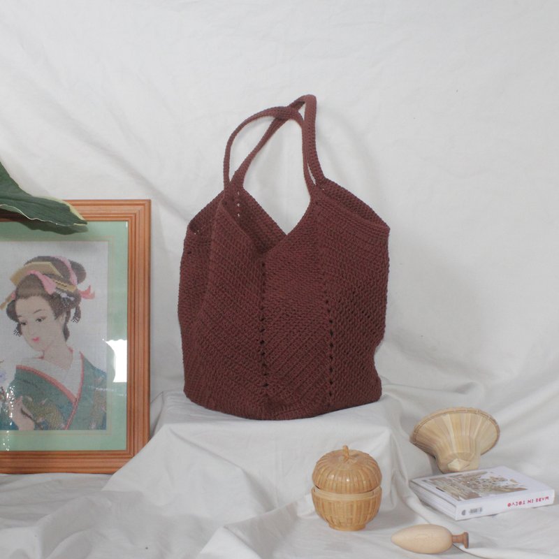 ブラウントートバッグ、マーケットバッグ、かぎ針編みのバッグ、ショッピングバッグ - ショルダーバッグ - コットン・麻 