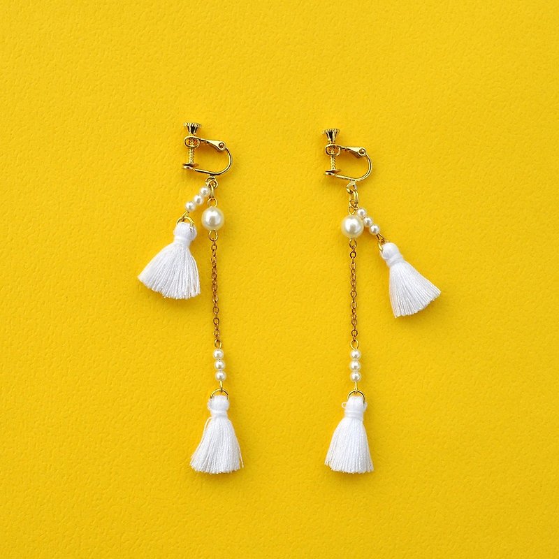 White Double Tassel Earrings/ Clip-On - Earrings & Clip-ons - Cotton & Hemp White