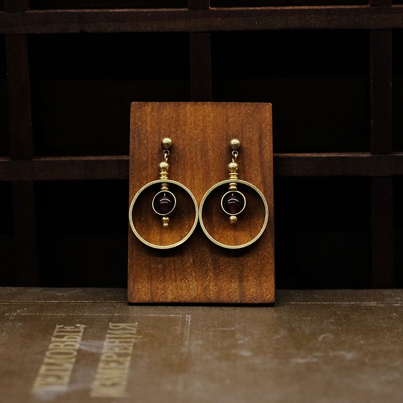 String Series Brass Garnet Dangle Earrings Ear Pins Without Pierced Ears - Earrings & Clip-ons - Copper & Brass Gold