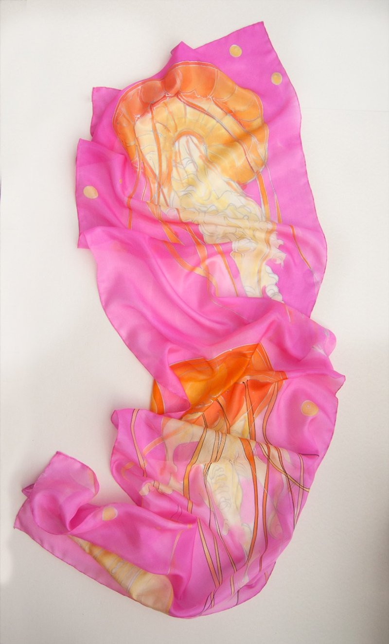 水母舞蹈-手工繪製的霓虹粉紅色圍巾 - 絲巾 - 絲．絹 粉紅色