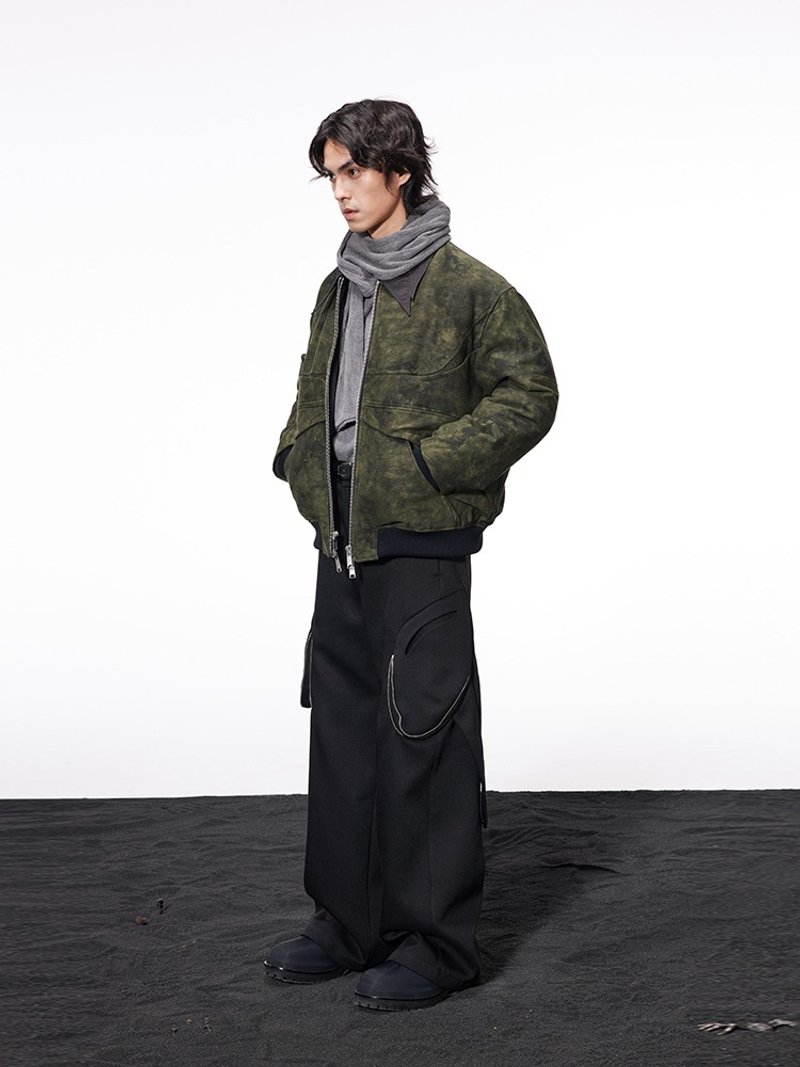 【雙頭蛇】髒染雙面穿尼龍/拼接結構羽絨棉服 - 男夾克/外套 - 棉．麻 綠色
