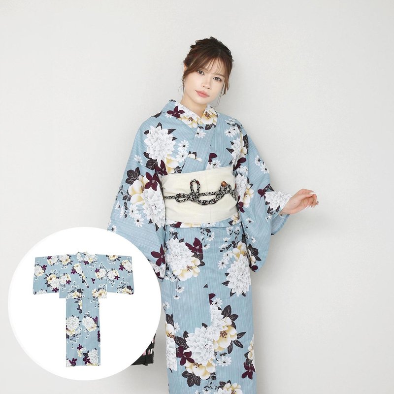 Women's two-piece yukata and obi set, size F x14h-22 - อื่นๆ - ผ้าฝ้าย/ผ้าลินิน สีน้ำเงิน