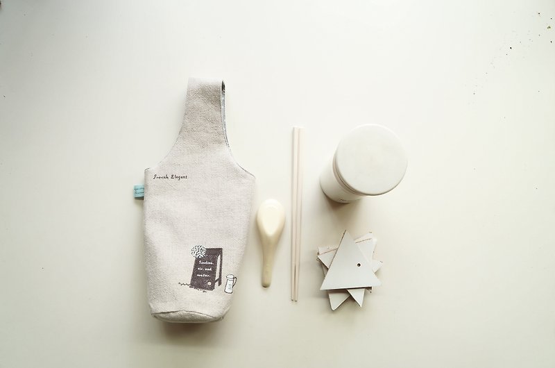 品味法式生活手繪環保飲料杯袋 (商品不含餐具) - 杯袋/飲料提袋 - 棉．麻 白色