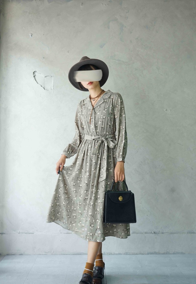 Treasure Hunt Vintage Clothing-Dark Gray Fresh Small Floral Cardigan Retro One-piece Dress - One Piece Dresses - Polyester Gray