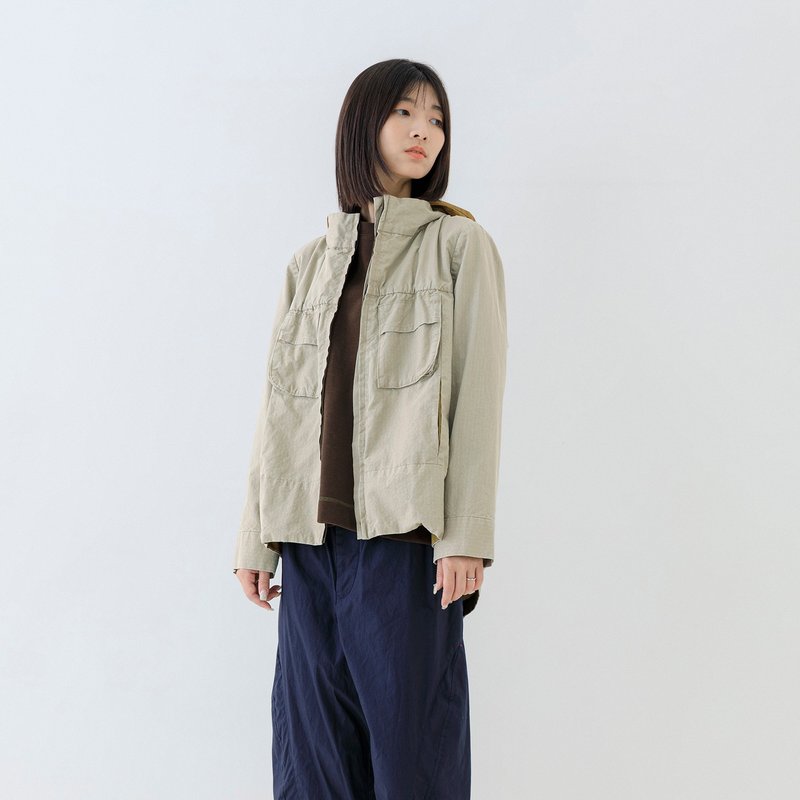 跳色立裁連帽四口袋外套 - 女大衣/外套 - 其他人造纖維 卡其色
