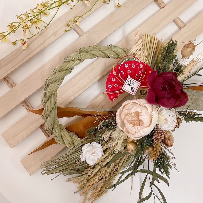 新春賞櫻 注連繩 新年祝福掛飾 永生花 乾燥話 禮盒包裝 - 乾燥花/永生花 - 植物．花 紅色