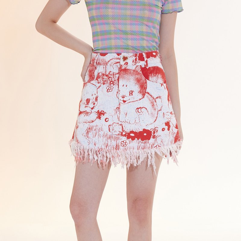 Cute imitation denim printed cotton fringe short skirt skirt spring and summer versatile hot girl Y2K - กระโปรง - วัสดุอื่นๆ หลากหลายสี