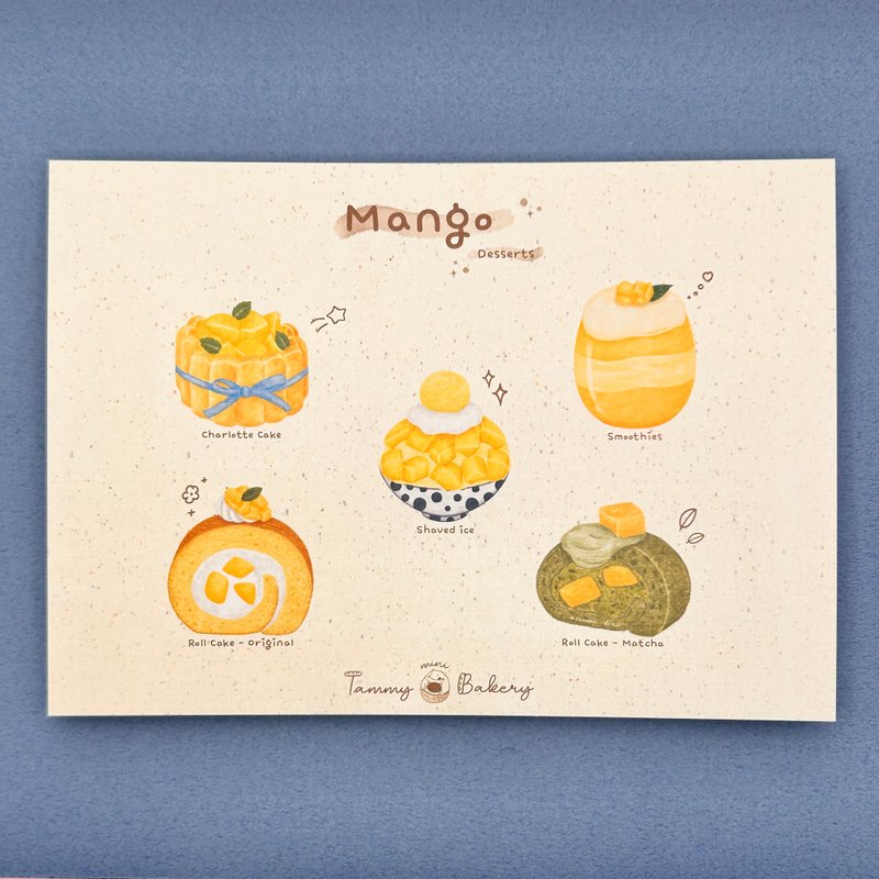 Hand drawn postcard mango dessert | Illustrated card wild card birthday card food dessert illustration fruit - การ์ด/โปสการ์ด - กระดาษ หลากหลายสี