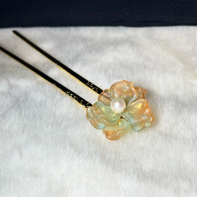 石綠橙金櫻草花形珍珠髮簪 ‧ 一物一圖 ‧ - 其他 - 琉璃 橘色