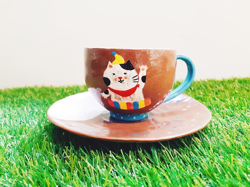 手捏咖啡杯盤組-Hola 黑白貓 - 花瓶/陶器 - 陶 