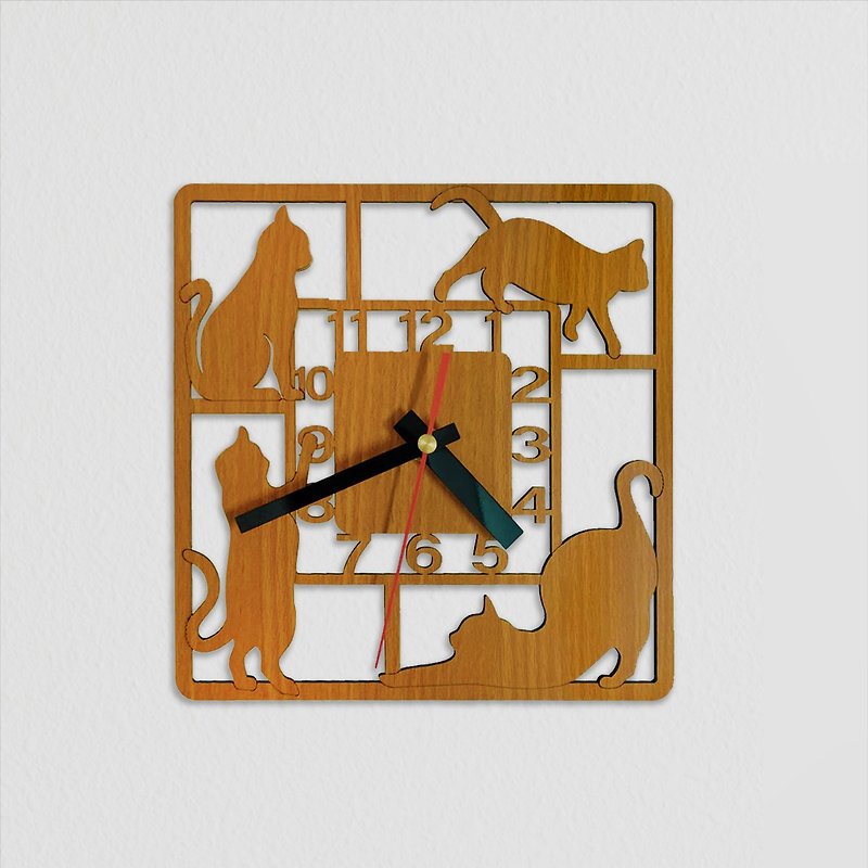 【教師節禮物】俏皮貓剪影掛鐘 - 時鐘/鬧鐘 - 木頭 咖啡色