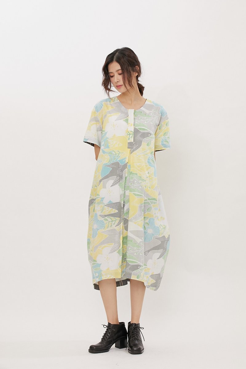 Box Fold Long Dress_Spring Bird Whisper Orchard_Fair Trade - One Piece Dresses - Cotton & Hemp Multicolor