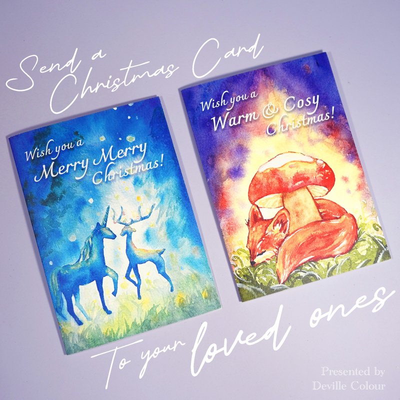 【Christmas Card】Thick matte paper watercolor fairy tale Christmas card fox deer unicorn - Cards & Postcards - Paper Blue