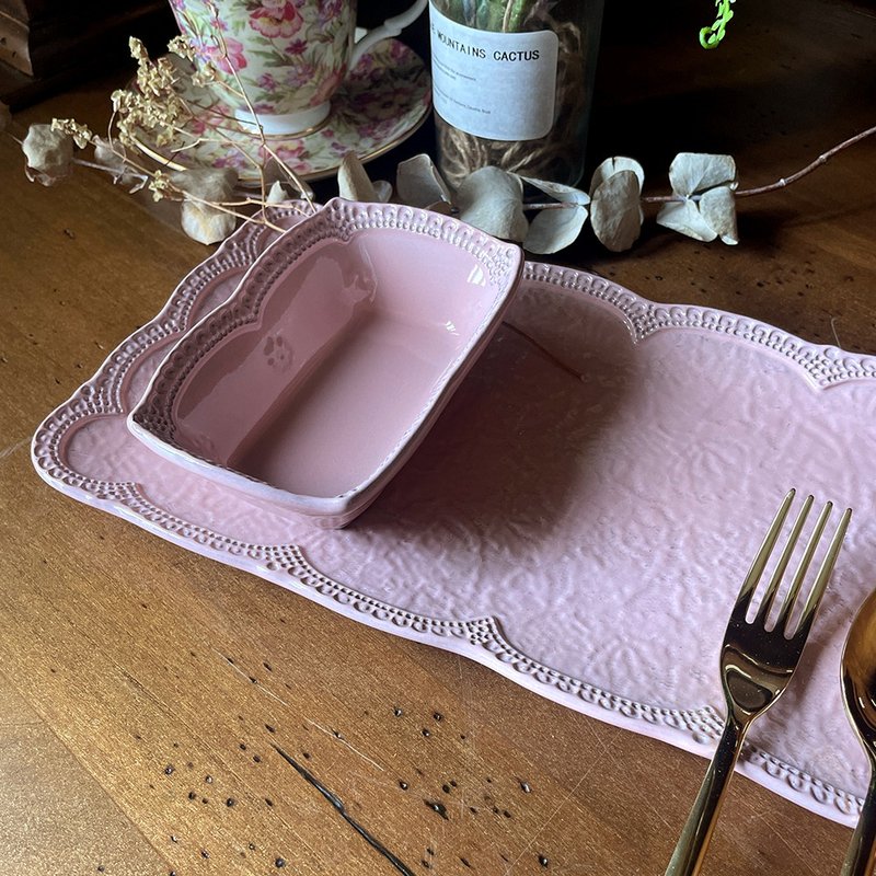 【超值優惠組合】手工浮雕蕾絲系列2件組(長盤+小碟) - 盤子/餐盤/盤架 - 陶 