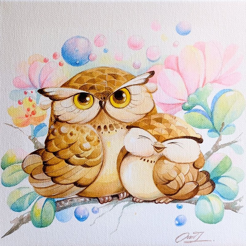 Mother and child owls original painting.acrylic colour. - ตกแต่งผนัง - วัสดุอื่นๆ หลากหลายสี