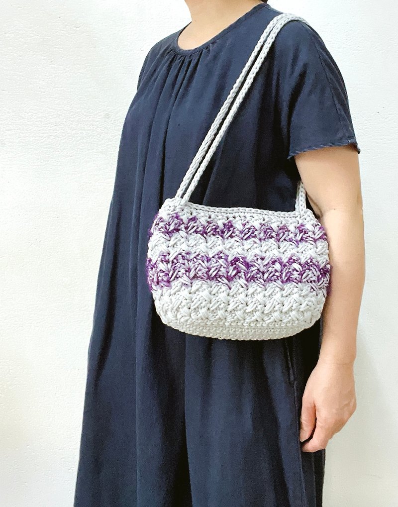 Handhook cotton yarn blended gray and purple striped side back + crossbody 2 bags - Messenger Bags & Sling Bags - Cotton & Hemp Gray