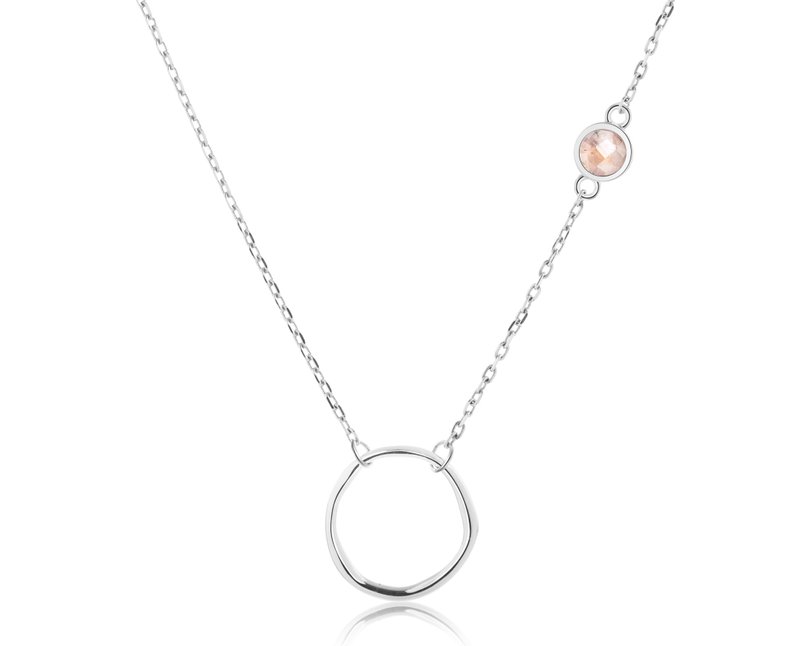 粉晶925純銀項鍊 不對稱側鑲圓形芙蓉石項鍊 10月誕生石業力項鍊 - 項鍊 - 純銀 粉紅色