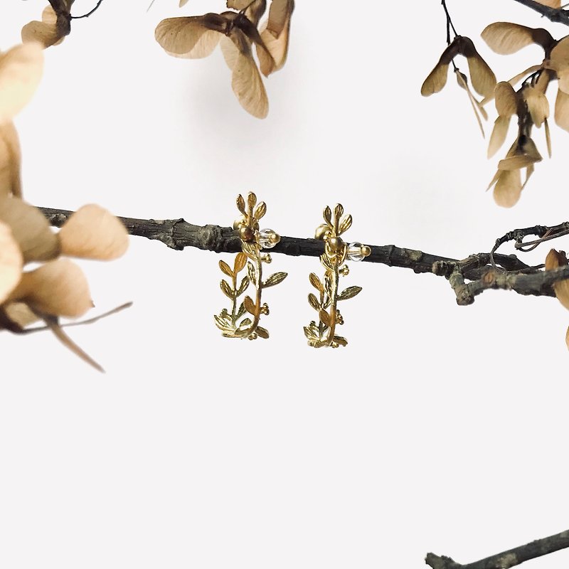 •春雨• 新葉琉璃黃銅耳環 - 耳環/耳夾 - 銅/黃銅 綠色