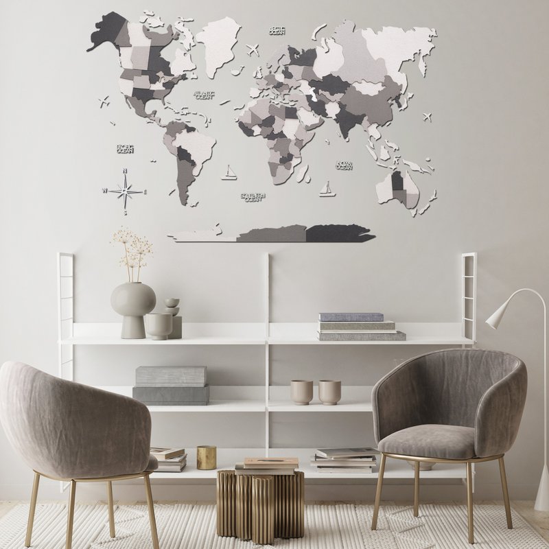 Wooden World Map Wall Art, Minimalist Home Decor, Modern Housewarming Gift - ตกแต่งผนัง - ไม้ สีเทา