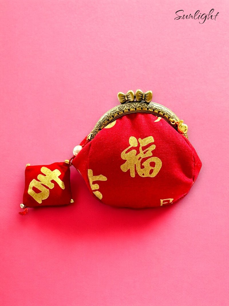 日光小巷手作り 可愛らしくおめでたい財福吉リボンがま口ポーチ 小銭入れ マルチポーチ - コインケース・小銭入れ - コットン・麻 