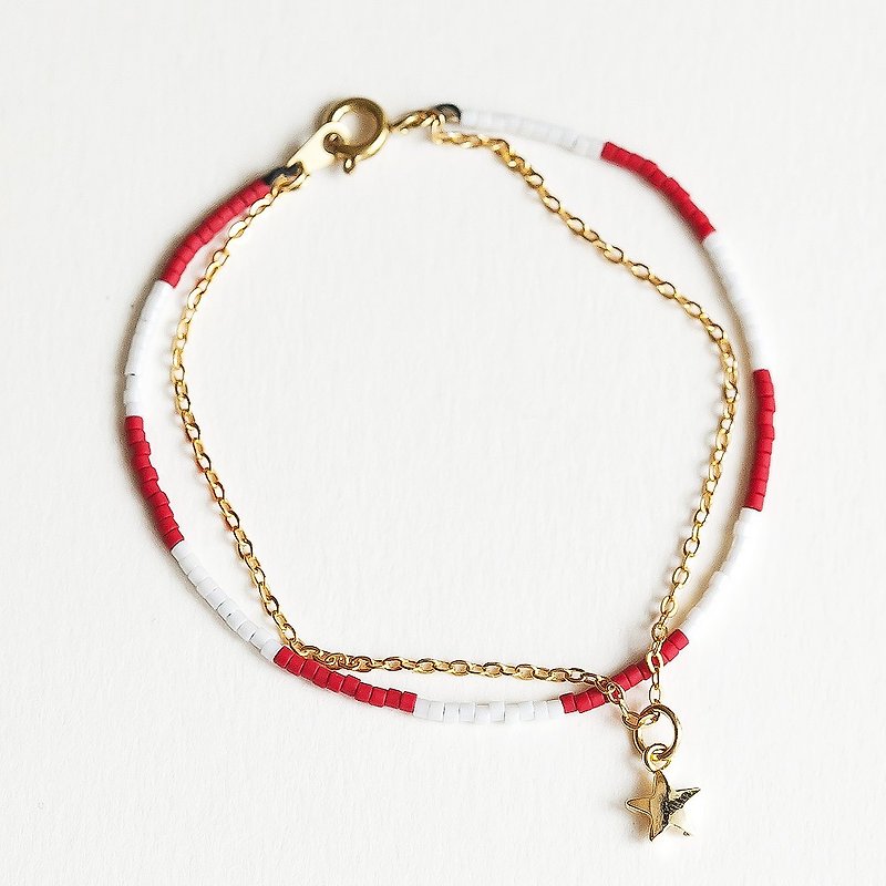 Multi-level red drape gold five-pointed star double-stranded fine Bronze buckle bracelet "small chain club" BMK022 - สร้อยข้อมือ - แก้ว หลากหลายสี