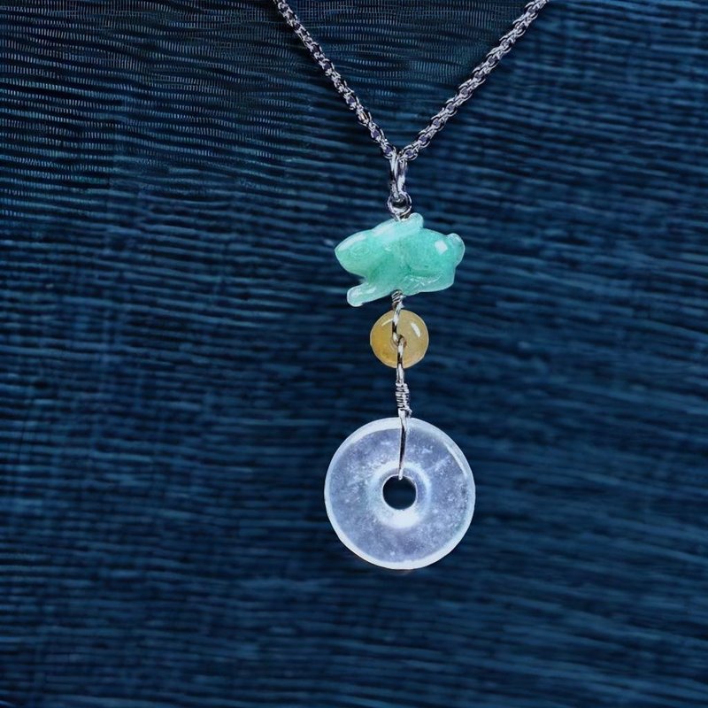 Ice Jade Peace Buckle Necklace 18K Gold Inlaid Pendant | Natural Burmese Jade A-grade | Gift - สร้อยคอ - หยก สีใส