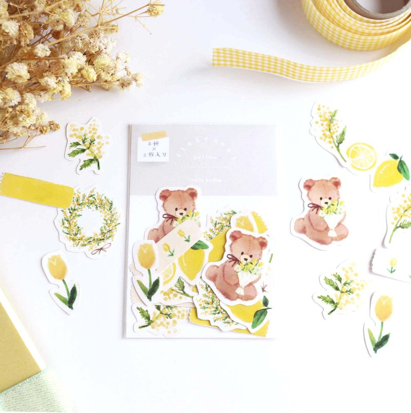 Bear and Yellow Flowers Flake Stickers - สติกเกอร์ - กระดาษ สีเหลือง