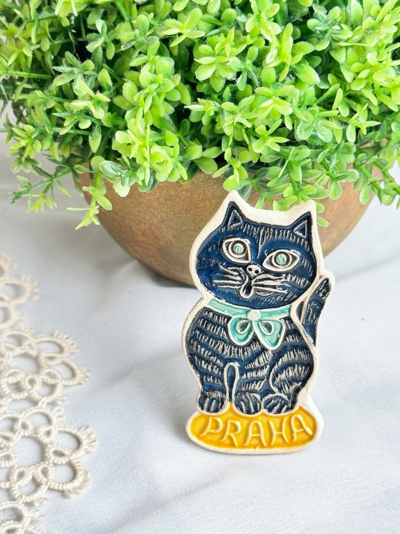 [Good Day Fetish] Czech Prague vintage/antique hand-kneaded clay magnet black cat - ของวางตกแต่ง - ดินเผา สีดำ