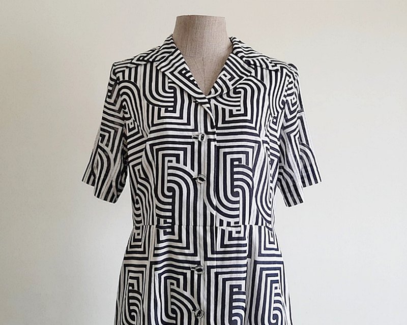 Vintage Black White Abstract Print Dress - 洋裝/連身裙 - 棉．麻 黑色