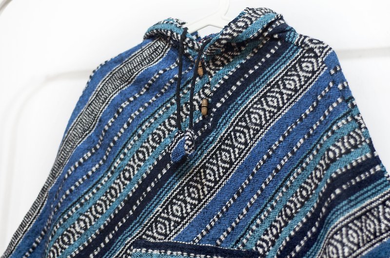 Indian Ethnic Tassel Cape / Bohemian Cape Shawl / Wool Hooded Cape-Blue Morocco - Knit Scarves & Wraps - Cotton & Hemp Blue