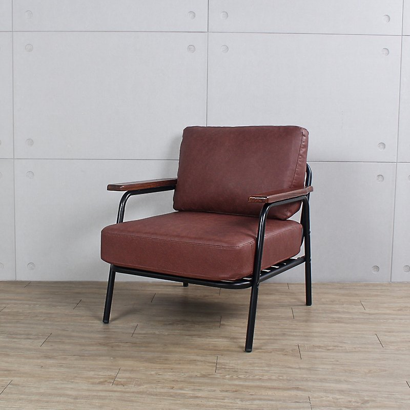 Nordic retro warm wooden armrest single leather sofa - เก้าอี้โซฟา - หนังเทียม สีนำ้ตาล