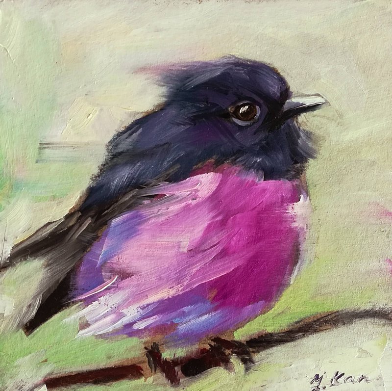 Bird Painting Original Oil Painting Australian Bird Pink Robin Canvas Art - 海報/掛畫/掛布 - 其他材質 多色