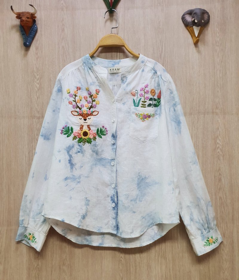 手工刺繡襯衫、棉麻麵料、狐狸、鹿、花 - 女上衣/長袖上衣 - 繡線 藍色