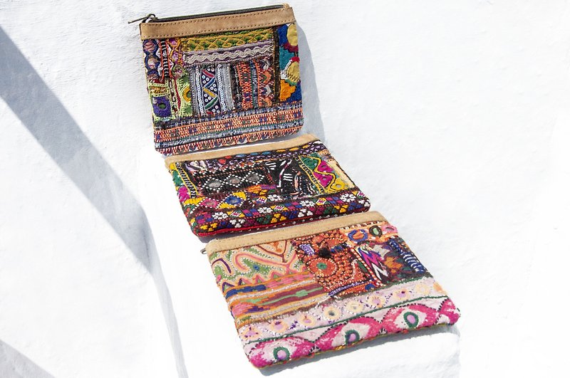 Handmade leather coin purse/storage bag/mobile phone bag/headphone storage bag/cosmetic bag-India handmade embroidery