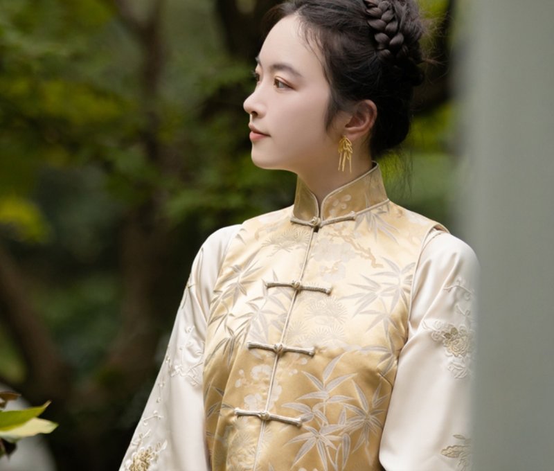 錦竹玉蝶 新中式復古 古法織錦背心/旗袍 - 旗袍/改良式旗袍 - 其他材質 金色
