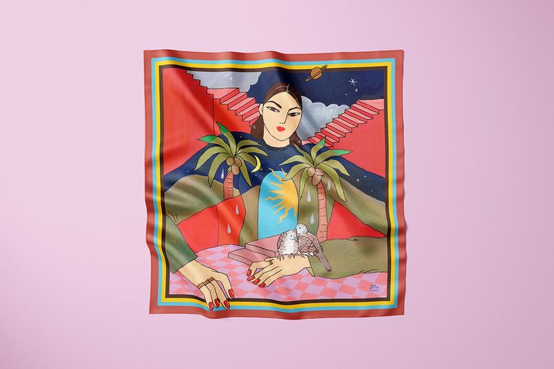 Midnight and Morning - Woman and Bird silk polyester scarf - 絲巾 - 其他人造纖維 