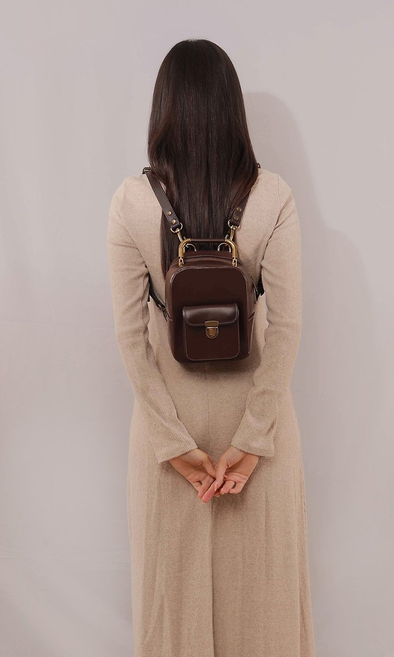 YOYO brown leather zipper backpack/shoulder bag - Backpacks - Genuine Leather Brown