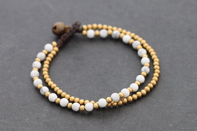 Howlite Brass Bracelets Round Basic Bracelets White Stone Minimal - สร้อยข้อมือ - หิน ขาว
