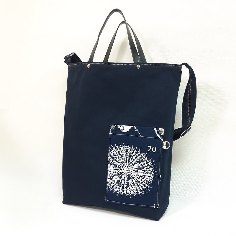 Dark Blue Nature Canvas Double Bread / Wen Qing Bao / Handbag / Shoulder Bag - กระเป๋าแมสเซนเจอร์ - ผ้าฝ้าย/ผ้าลินิน สีน้ำเงิน