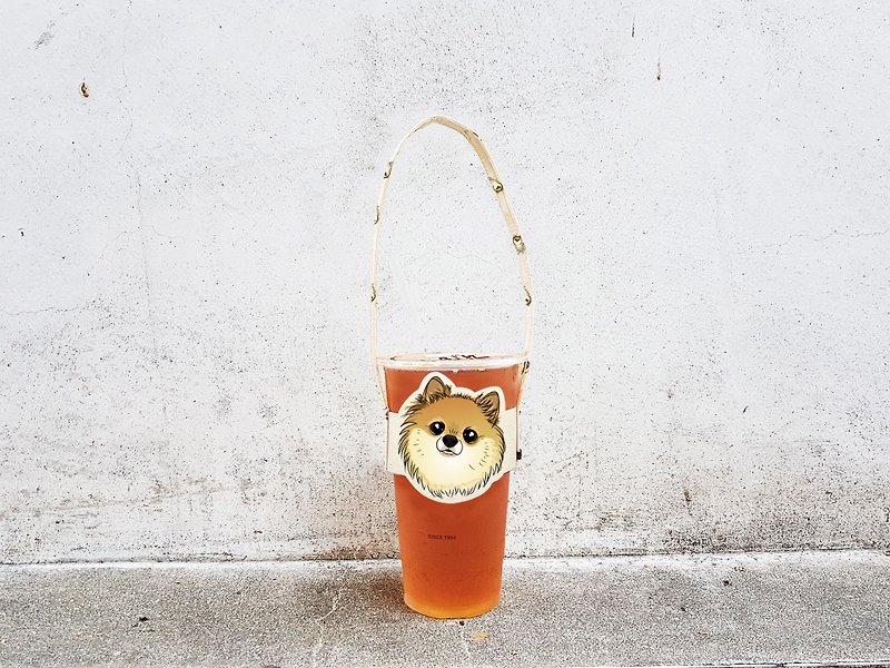 Shaped Accompanying Beverage Cup Holder Beverage Bag-Pomeranian Brown/White