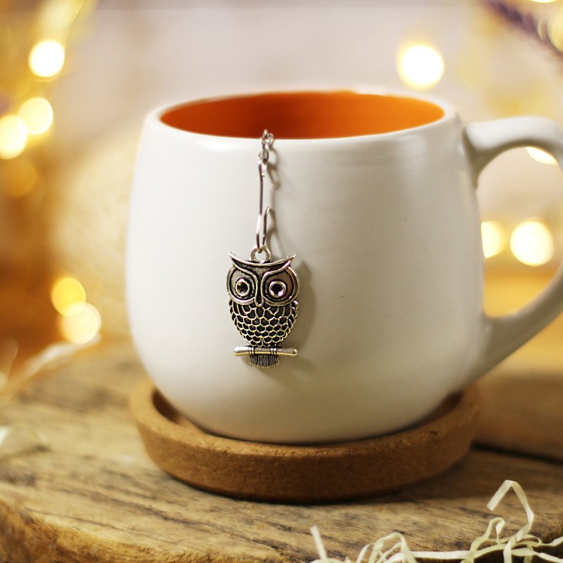 Owl tea strainer for herbal tea, Tea infuser charm owl, Tea steeper owl - 茶壺/茶杯/茶具 - 不鏽鋼 銀色