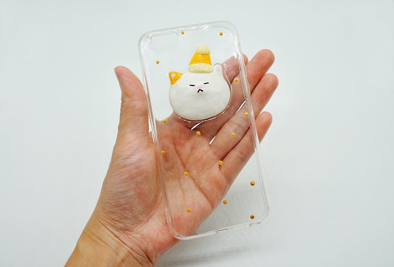 立體Q版貓咪大頭 手繪金點點手機殼 透明手機軟殼生日聖誕禮物 - 手機殼/手機套 - 黏土 多色