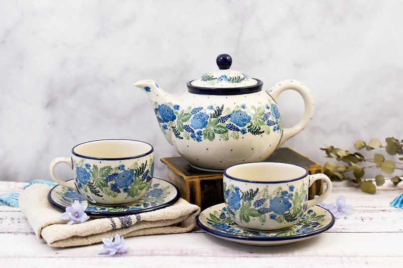 波蘭手工陶杯壺組(藍玫瑰) - 茶具/茶杯 - 陶 