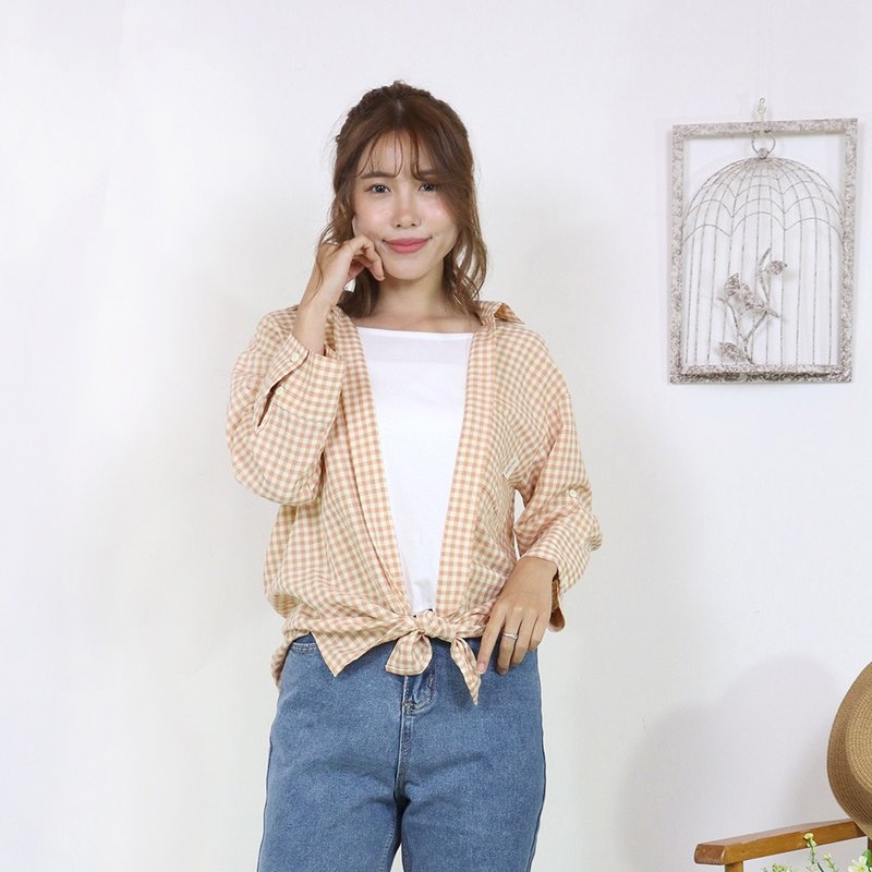 Hana Mokuba 假兩件細格紋上衣 - 女上衣/長袖上衣 - 其他材質 