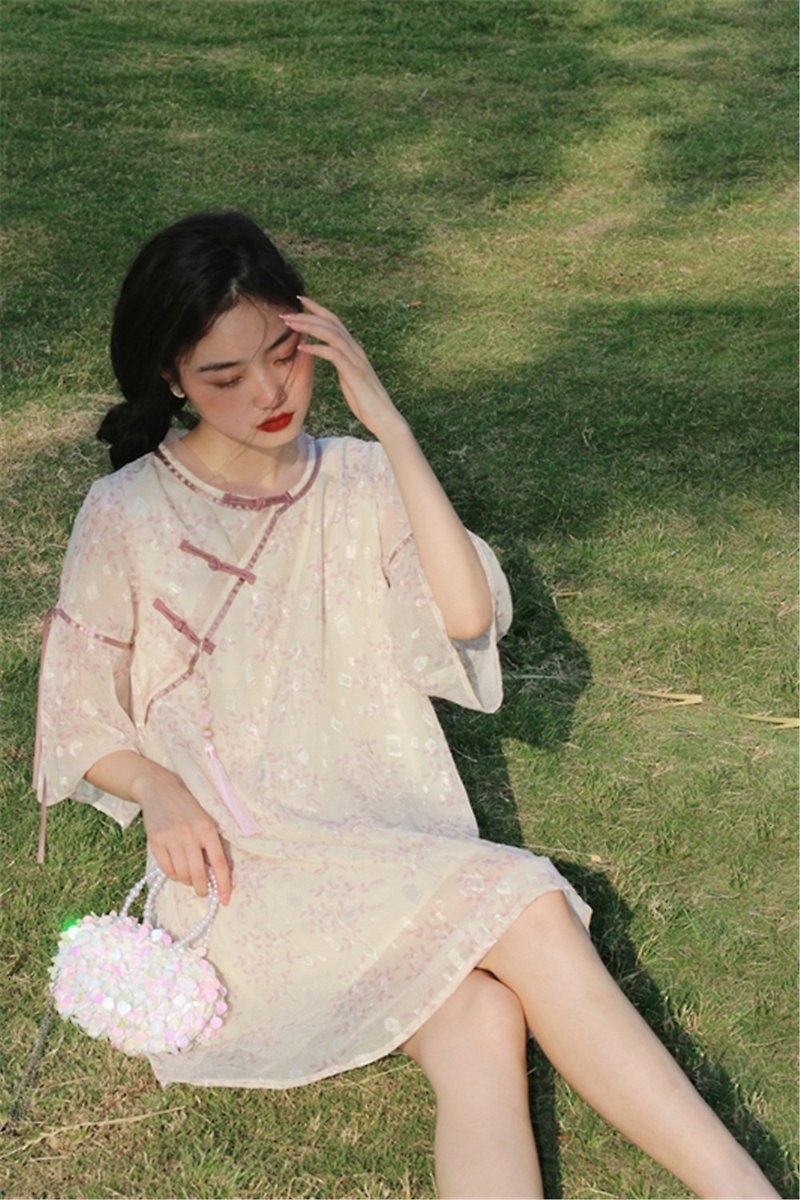 Gentle summer chiffon slanted flap buckle loose dress one-piece dress new Chinese Mid-Autumn Festival and Spring Festival improved cheongsam - One Piece Dresses - Polyester White