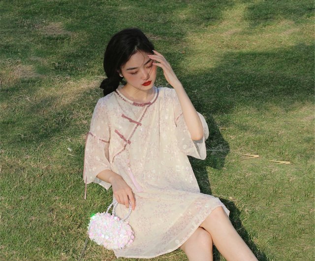 シフォン×花柄 チャイナドレス風ワンピース / 綺麗見えAライン